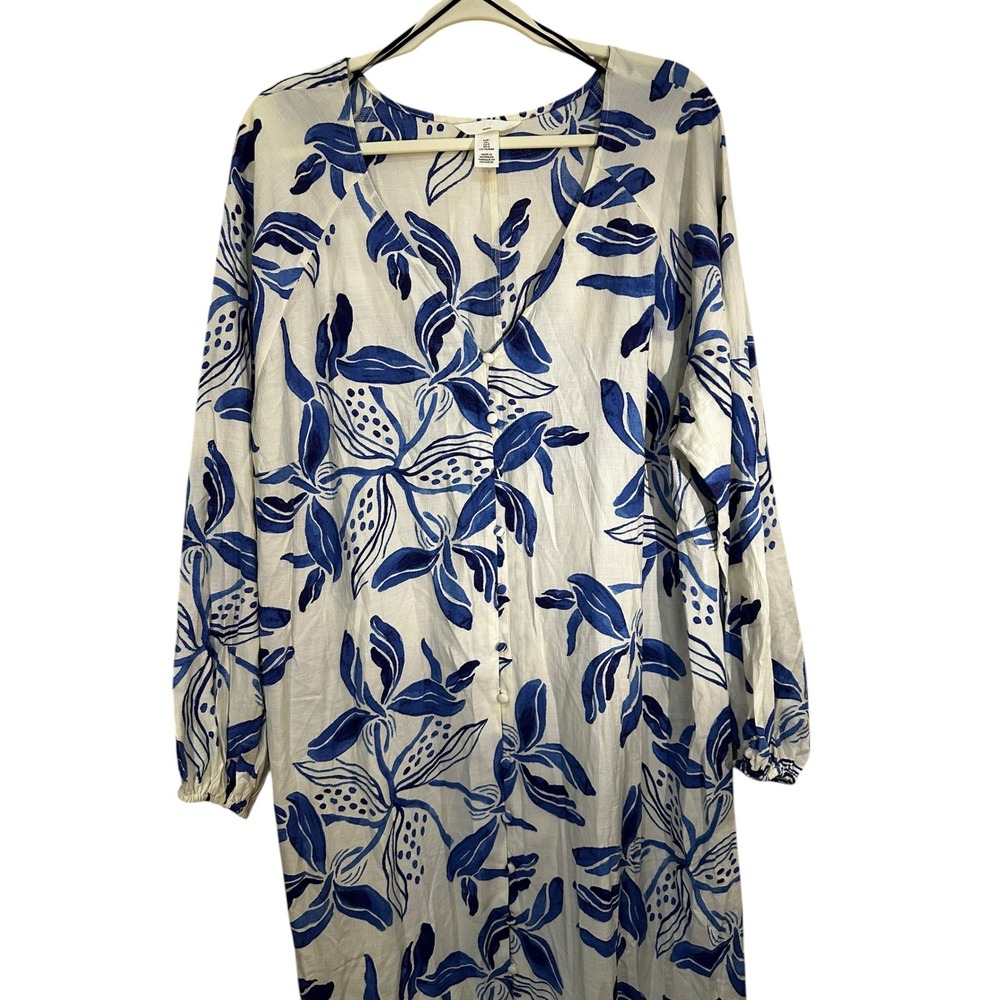 H&M Mama Blue White Floral Leaf Maternity Maxi Dress V-Neck Long Sleeve Large